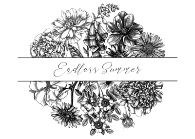 Summer flowers composition in vintage style. Hand-sketched garden plants frame design. Perfect for greeting cards, wedding invites, banners. Botanical illustration with floral outlines.